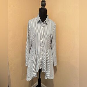 Striped Button-Front Hourglass High/Low Peplum Shirt/Dress - Denim Blue/White